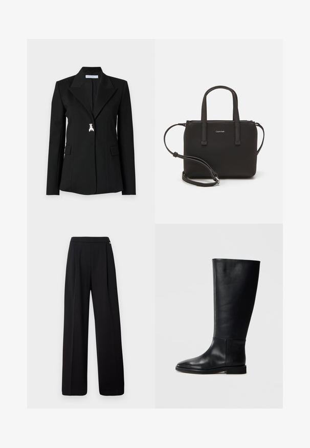 Patrizia Pepe JACKET - Žakete - nero; Melna kokvilnas T-kreklu ar īsām piedurknēm, apaļu kakla izgriezumu un nelielu baltu "Calvin Klein" logotipu krūtīs. Gluda tekstūra, klasiskā piegriezuma.; Melnas platās bikses, izgatavotas no gludas auduma, ar vienkāršu dizainu un elastīgu jostu, bez redzamām rakstām vai akcentiem.; Melnas ādas līdzceļgala zābaki ar noapaļotu pirkstu, gludu tekstūru, minimālistisku dizainu un plakanu zoli. Vienkāršas šuvju detaļas uz zābaku augšdaļas.; Melns roku soma ar divām īsām rokturiem un noņemamu plecu siksnu. Gluda ādas līdzīga materiāla ar rāvējslēdzēja aizdari un logos detaļu.