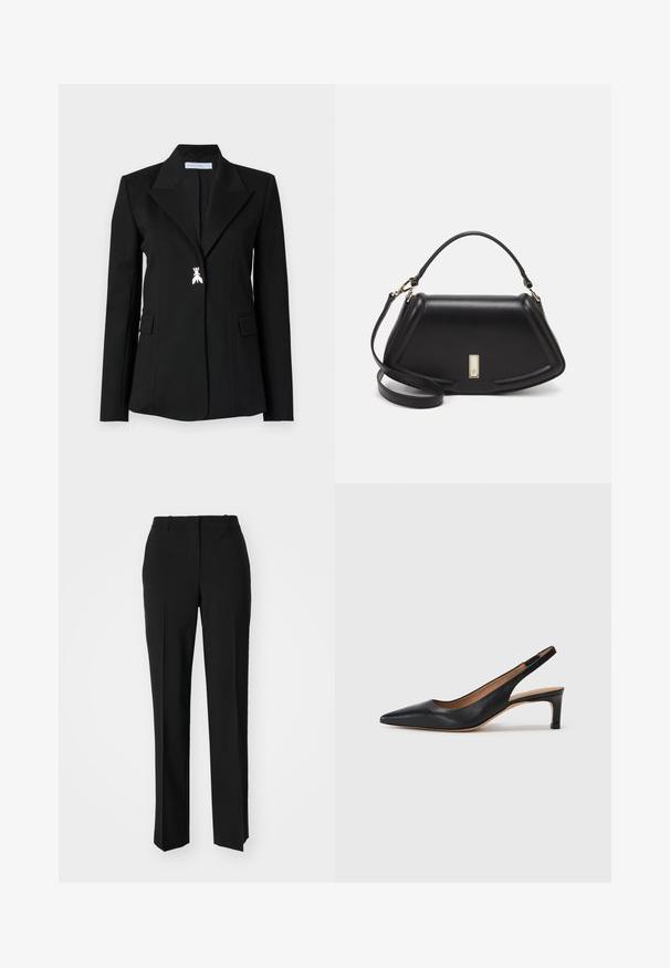 Patrizia Pepe JACKET - Blazer - nero; BOSS ECETA - Long sleeved top - black; Black tailored trousers with a straight-leg design, featuring a smooth texture and crisp creases along the front. No visible hardware.; Black leather slingback pump with a pointed toe, low heel, and a smooth texture. Features a thin adjustable strap for a secure fit.; Black leather handbag with a structured design, featuring a cropped shape, top handle, and gold hardware accent. Adjustable shoulder strap included.