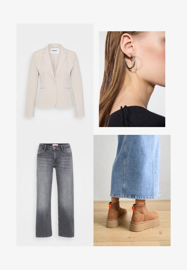 Kreemjas bleiser, mis on valmistatud pehmest kangast; kujundatud nurgelise krae, ühe nupu sulgemise ja eespool asuvate taskutega. Sile tekstuur ja kohandatud sobivus.; Even&Odd Petite 2 PACK - Topp - light grey/black; Halli teksad otste kujundusega, viie taskuga stiil, kerge pleekimisega ja nööpkinnipeaga vöökoht.; Pruunid nahatooted platvormikontsad elastsete külgpaneelidega ja oranžide tõmbetuttidega, koos puusani ulatuva heleda denim-seelikuga puidust põrandal.; Hõbedane rõngas kõrvarõngas poleeritud viimistlusega, millel on väikesed kuldsed aktsendid ja ümmargune kuju, kantud lobus.