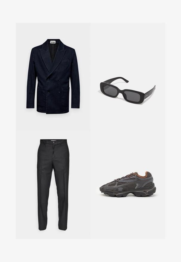 DRYKORN MONTELINO - Puvuntakki - blue; Kerman neulepaita pyöreällä kaula-aukolla, ribbaatut hihansuut ja helma, sekä vihreä Lacoste-logo rinnassa. Rakenteellinen kangas tuo yksityiskohtia esiin.; Mustat housut, jotka on valmistettu sileästä kankaasta, ja niissä on etupainike, suorat lahkeet sekä ei näkyviä taskuja tai kuvioita.; Lacoste-tennar i mörkgrått med nät- och syntetmaterial, med en texturerad sula och bruna accenter på kragen och märket.; Mustat suorakulmaiset aurinkolasit tummilla linsseillä, sileät muovipuitteet ja leveät sangat. Hienovarainen brändäys sivussa.