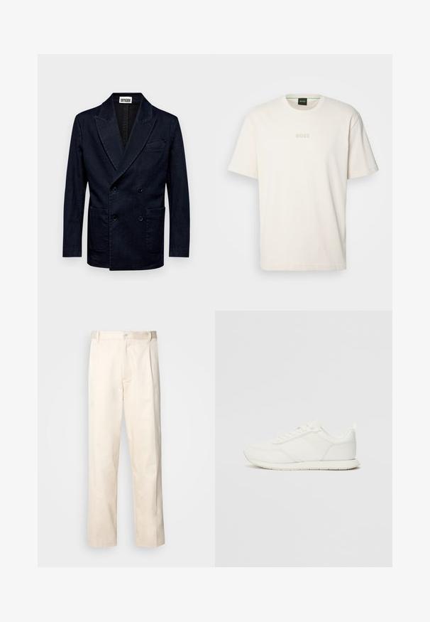 DRYKORN MONTELINO - Dressjakke - blue; BOSS TEE - T-shirts - open white; Beige bomullsbukser med rett benfatt, med knappelukking og folder foran for ekstra detaljer.; Hvit sneaker med en mesh- og syntetisk overdel, rund tå, flate lisser og en teksturert sidestropp. Gummisåle med en pull-tab bak.