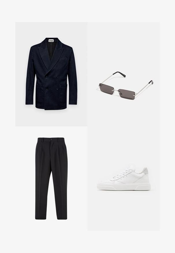 DRYKORN MONTELINO - Colbert - blue; Witte katoenen t-shirt met korte mouwen, ronde hals en een rode grafische tekst "LEKKER VERFRISSEND FRUIT" aan de voorkant.; Zwarte broek met een geplooid design aan de voorkant, gemaakt van soepel stof. Voorzien van een knoopsluiting en riemlussen; rechte pasvorm.; Witte leren sneakers met een gladde afwerking, ronde neus, platte veters en een gestructureerde zool. Grijze suède accent bij de hiel.; Zonnebril met rechthoekige, donkergrijze lenzen, zilveren metalen frames en zwarte kunststof uiteinden op de armen. Lichtgewicht ontwerp met neuspads.