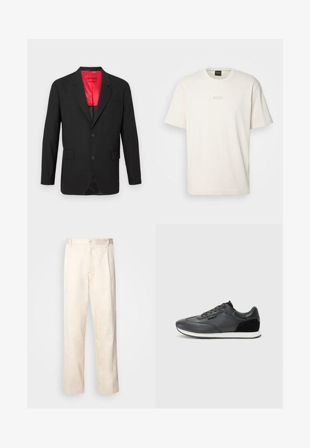 Crni sako od lagane tkanine, sa crvenom satenskom podlogom, dva prednja dugmeta i dva bočna džepa s jednim džepom na prsima.; BOSS TEE - Osnovna majica kratkih rukava - open white; Bežaste pamučne hlače ravnog kroja s kopčanjem na dugme i plisiranjima sprijeda za dodatni detalj.; Crne atletske tenisice s gornjim dijelom od kože s perforiranim detaljima, akcentima od antilopa i bijelim gumenenim potplatima. Klasični oblik s vezanjem.