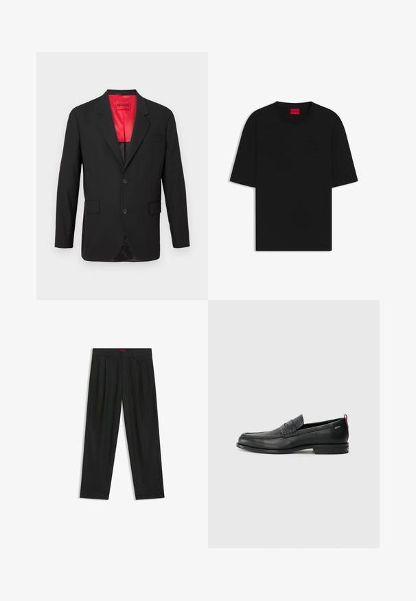 Black blazer in lightweight fabric, featuring a red satin lining, two front buttons, and two side pockets with a single chest pocket.; Black short-sleeve t-shirt made from cotton, features a crew neck and embossed logo on the front, with a relaxed, loose fit.; Black trousers with a pleated design, wide leg shape, and a smooth texture. Features a red waistband tag.; Black leather loafers with a textured front panel and smooth sides. Features a slim heel and rear loop for easy wear. Classic design.