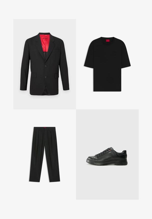 Zwarte blazer van lichtgewicht stof, voorzien van een rode satijnen voering, twee knopen aan de voorkant en twee zijzakken met een enkele borstzak.; Zwarte korte mouwen t-shirt gemaakt van katoen, met een ronde hals en een reliëflogo op de voorkant, met een relaxte, losse pasvorm.; Zwarte broek met een geplooid ontwerp, wijde pijpen en een zachte textuur. Voorzien van een rode taillebandlabel.; Zwarte leren sneaker met een gestructureerde bovenkant, gevoerde kraag en rode logo-details. Heeft een dikke rubberen zool met een opvallend loopvlakpatroon.