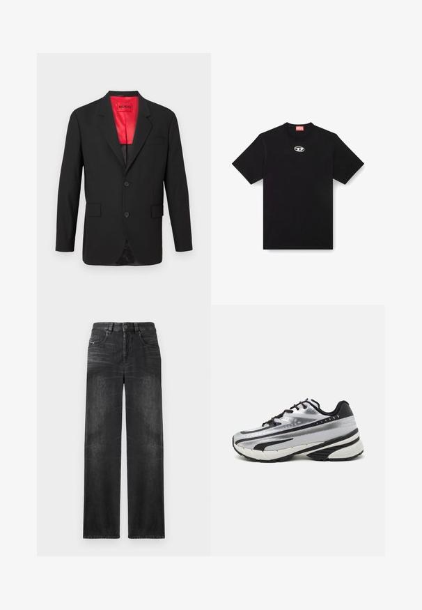 Černý blazer z lehkého materiálu, s červenou saténovou podšívkou, dvěma předními tlačítky a dvěma bočními kapsami s jednou náprsní kapsou.; Černé bavlněné tričko s kulatým výstřihem a krátkými rukávy. Na přední části uprostřed je malé, stříbrné logo vyšívané.; Černé džíny rovného střihu vyrobené z denimu, s pěti kapsami, poutky na opasek a jemným vyblednutím na látce pro texturu.; Běžecká obuv s vrchní částí z stříbrné síťoviny, černými akcenty a bílou podrážkou. Disponuje texturovaným vzorem a černými tkaničkami. Lehká a odpružená.