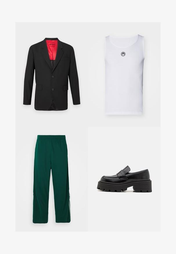 Mustassa bleiserissä on kevyt kangas, jossa on punainen satiinivuori, kaksi etupainiketta ja kaksi sivutaskua yhdessä rintataskun kanssa.; Valkoinen hihaton t-paita, joka on valmistettu ribbitetystä kankaasta. Siinä on pyöreä pääntie ja pieni musta logo rintamuksessa.; Vihreät, kevyet, joustavyöiset housut rentoa istuvuutta. Ominaisuuksiin kuuluvat sivutaskut ja valkoinen raita yksityiskohtana sivuilla.; Mustat nahkakengät, joissa on paksu kumipohja, nostettu alusta ja nauha jalkapöydän yli. Liukas pinta ja pyöreä muoto.