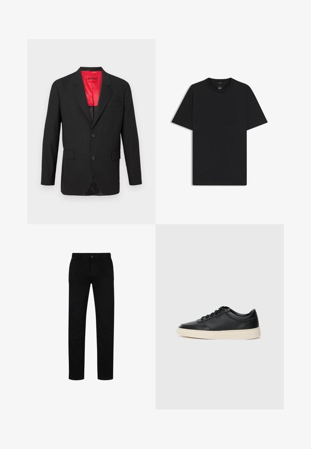 Schwarzer Blazer aus leichtem Stoff, mit rotem Satinfutter, zwei vorderen Knöpfen und zwei Seitentaschen sowie einer einzelnen Brusttasche.; Schwarz T-Shirt mit kurzen Ärmeln aus einem glatten Baumwollmix, mit Rundhalsausschnitt und einem minimalistischen Design ohne Muster oder Akzente.; Schwarze Baumwollhosen mit geradem Schnitt, featuring einen Knopfverschluss, Gürtelschlaufen und minimalistischem Design. Glatte Textur, ohne Muster.; Schwarzer niedriger Ledersneaker mit schwarzen Schnürsenkeln und cremefarbenem Sohlenrand, seitlich auf weißem Hintergrund dargestellt.