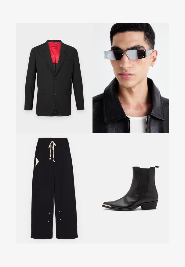 Črni blazer iz lahkotnega materiala, ki ima rdečo satensko podlogo, dva sprednja gumba, dva stranska žepa in en žep na prsih.; Črno kratko majico s kratkimi rokavi iz bombaža, z okroglo ovratnico in sproščenim krojem. Gladka tekstura z minimalnimi detajli šivanja.; Črne široke hlače iz mehkega blaga z elastičnim pasom na vrvico, stranskimi žepi in trikotnim dodatnim žepom. Vključeni so srebrni detajli.; Črne gležnjarje iz teksturirane usnja z nazobčanim nosom, elastičnimi stranskimi paneli, zanko za vlečenje na hrbtni strani in nizko blokasto peto.; Angularne sončne očala s sivim tonom in srebrnim okovjem, postavljena na svetli podlagi. Leče imajo edinstveno geometrijsko obliko.