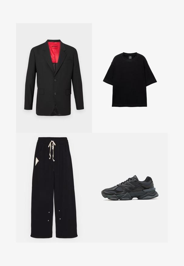 Čierny blazer z ľahkej tkaniny, s červenou saténovou podšívkou, dvoma prednými gombíkmi a dvoma bočnými vreckami s jedným náprsním vreckom.; Čierne krátke tričko s krátkym rukávom vyrobené z bavlny, s obojstranným výstrihom a voľným strihom. Hladká textúra s minimálnymi švovými detailmi.; Čierne široké nohavice vyrobené z mäkkej látky s elastickým pásom, bočnými vreckami a trojuholníkovým akcentom. Obsahuje detaily zo strieborného kovu.; Čierna bežecká obuv so zmesou sieťoviny a syntetických materiálov, robustnou podrážkou, zakriveným dizajnom a výrazným logom na boku.