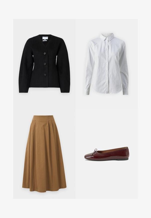 Jachetă din amestec de lână neagră, cu decolteu în V adânc, patru nasturi, umeri structurați și mâneci lungi; prezintă linii curate și un design minimalist.; Cămașă albă cu nasturi, confecționată din bumbac neted, având un guler clasic, mâneci lungi și un tiv curbat. Nasturii sunt mici și albi.; Fustă A-line din bumbac maro, cu talie înaltă, având pliseuri pe față și o textură netedă. Marginile sunt finisate curat și simplu.; Balerini din piele patent burgund cu vârful rotund, accent de fundiță mică în față și talpă joasă din cauciuc negru. Textură netedă.