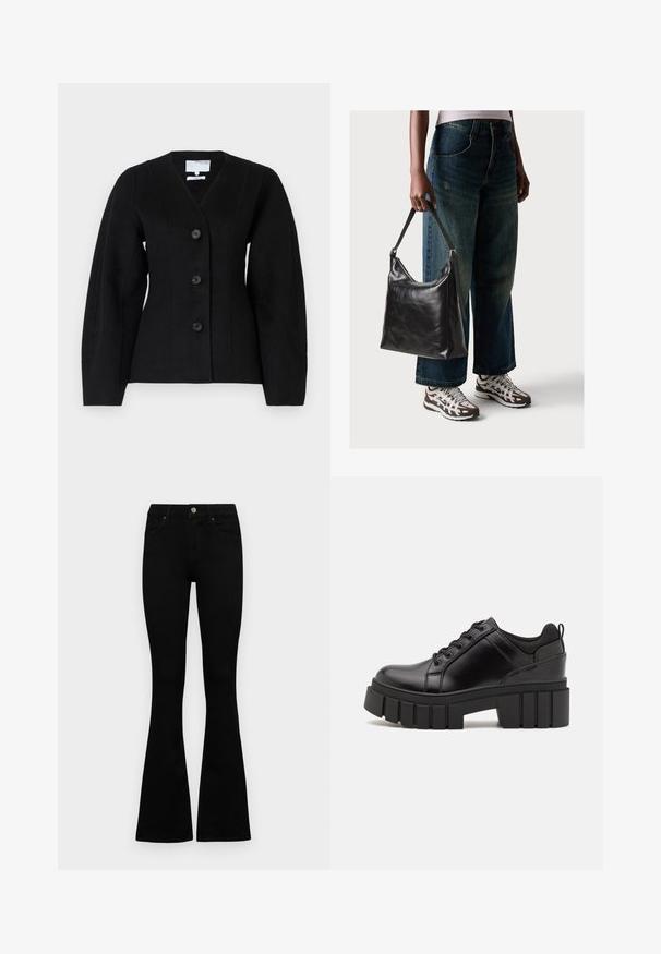 Sort uldblanding jakke med dyb V-hals, fire knapper, strukturerede skuldre og lange ærmer; har rene linjer og et minimalistisk design.; To lange langærmede skjorter: en sort og en hvid. Begge har en rund halsudskæring, raglanærmer og et blødt bomuldsblandingsstof.; Sorte højtaljede jeans med knap- og lynlåslukning, forlommer og flagrende ben, lagt fladt på en hvid baggrund.; Sorte læder platform sko med en klodset blokhæl, rund tå og traditionelt snøredesign. Har en glat tekstur og minimal detaljering.; Sort læder skuldertaske med en glat tekstur og justerbar skulderrem, parret med faded brede bukser og atletiske sneakers.
