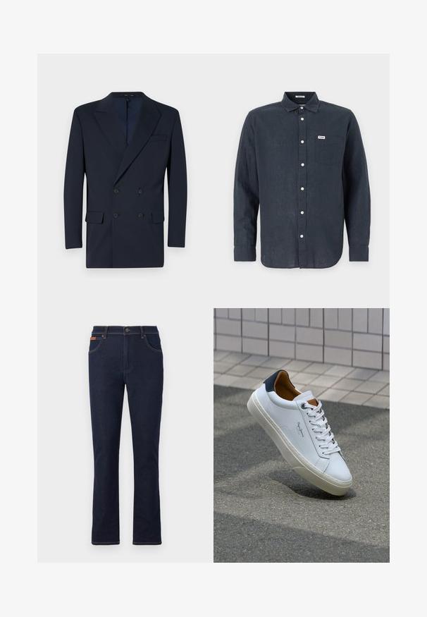 Marineblauwe dubbel-breasted blazer van soepel materiaal, met gesneden revers, twee voorzakken en een sluiting met twee knopen.; Donkerblauwe langermig overhemd van linnen, met een button-down kraag, een borstzak en witte knopen. Wrangler-logo op de zak.; Donkerblauwe denim jeans met een rechte pijp, voorzien van oranje stiksels, vijf zakken en een knoopsluiting in de taille.; Witte leren sneaker met een marineblauwe hiel, ronde neus en contrasterende bruin accent. Beschikt over platte veters en een gestructureerde rubberen zool.