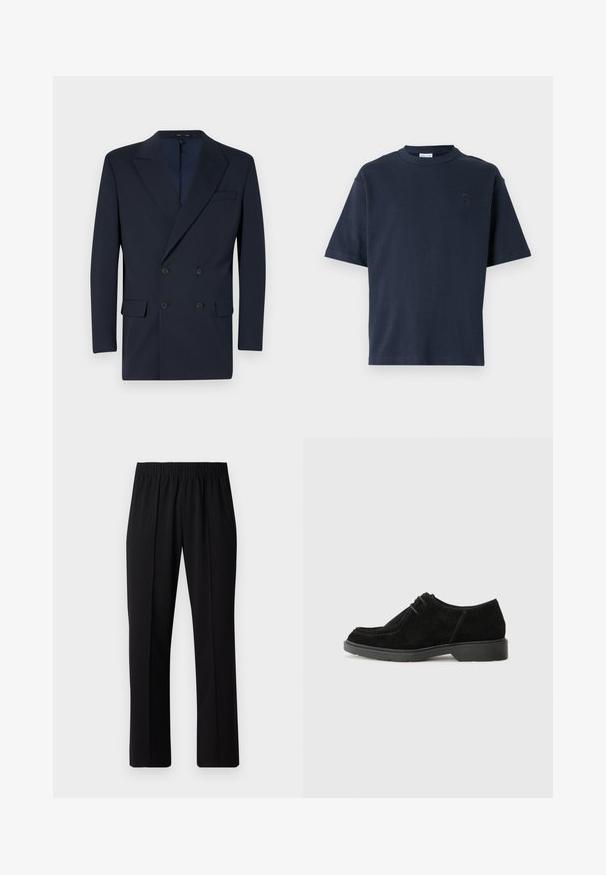 Navy blue double-breasted blazer made of smooth fabric, featuring peaked lapels, two front pockets, and two-button closure.; Navy blue short-sleeve t-shirt made of cotton. Features a round neck and a subtle logo on the chest. Straight cut design with no patterns.; Black, elastic-waist trousers with a straight-leg design, featuring a smooth texture and no visible patterns or hardware.; Black suede dress shoe with a rounded toe, contrasting stitching, and a rubber sole. Features minimal lacing and a smooth upper design.