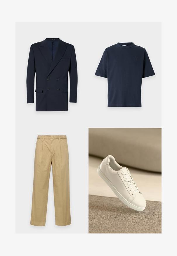 Tamsiai mėlynas dvigubos eilės švarkas, pagamintas iš lygios medžiagos, su smailiomis apykaklėmis, dviem priekinėmis kišenėmis ir dviejų mygtukų uždarymu.; Tamsiai mėlynas trumpomis rankovėmis marškinėliai, pagaminti iš medvilnės. Yra apvalus iškirpimas ir subtilus logotipas krūtinėje. Tiesioginis kirpimas be raštų.; Bežinės medvilninės kelnės su tiesiais sijonais, turinčios priekinės klostes ir šonines kišenes. Audinys yra lygus, minkštas.; Balta odinė sportinė avalynė su baltais raišteliais, išdėstyta ant rausvo tekstūruoto paviršiaus ir minkšto neryškaus fono.