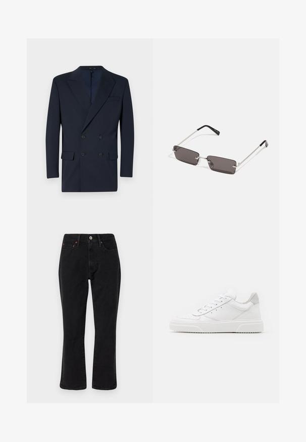Navy blue double-breasted blazer made of smooth fabric, featuring peaked lapels, two front pockets, and two-button closure.; White cotton t-shirt featuring short sleeves, crew neck, and a red graphic text "DELICIOUS REFRESHING FRUIT" on the front.; Black denim jeans featuring a straight leg design, five-pocket style, and metal hardware with copper accents. Smooth texture and medium rise.; White leather sneakers with a smooth finish, rounded toe, flat laces, and a textured sole. Grey suede accent at the heel.; Sunglasses with rectangular, dark grey lenses, silver metal frames, and black plastic tips on the arms. Lightweight design with nose pads.