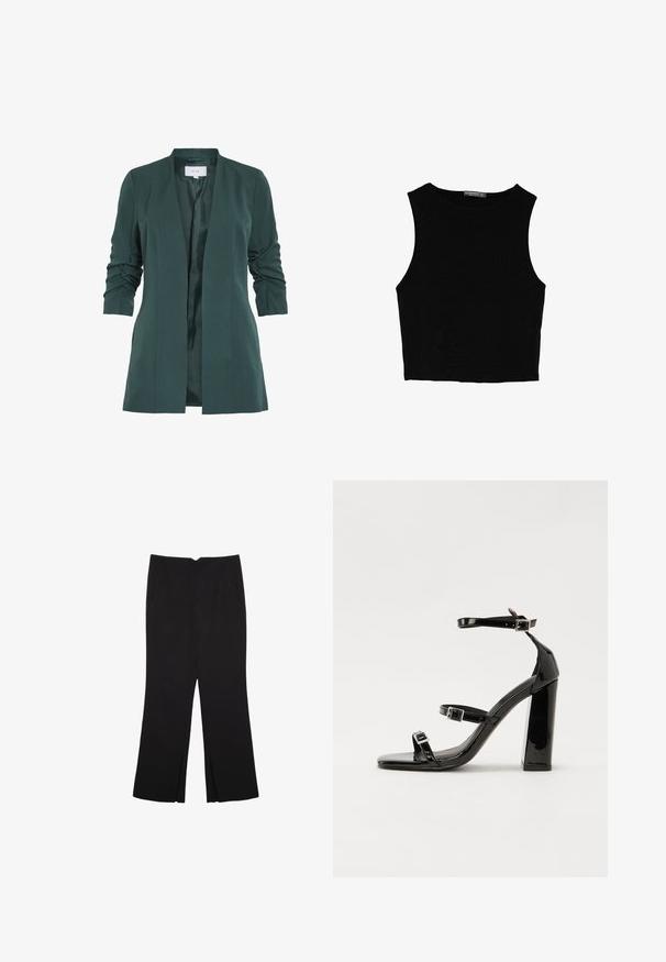 Vihreä räätälöity bleiseri, jossa on sileä pinta ja rypytetyt kolme neljännestä hihaa. Ominaisuuksiin kuuluu avoin etuosa ja satiinivuori.; Musta hihaton crop-top, joka on valmistettu sileästä kankaasta, jossa on pyöreä kaula-aukko ja siisti, yksinkertainen muotoilu ilman kuvioita tai varusteita.; Mustat housut suoralinjaisella leikkauksella, joissa on etutaskut ja sivurei'ät helman alla. Valmistettu pehmeästä ja sileästä kankaasta. Sopii eri tilaisuuksiin.; Musta kiiltävä korkokenkä sandaalit neliönmuotoisella varpaalla, nilkkaremmillä ja hopeisilla soljilla. Varustettu tukevalla lohkokorkealla vakauden takaamiseksi.