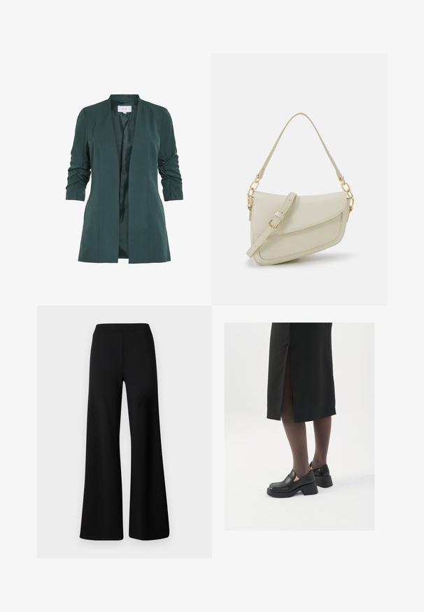 Zielona marynarka o dopasowanym kroju z gładką fakturą i marszczonymi rękawami do łokcia. Posiada otwarty przód i satynową podszewkę.; Biała bezrękawnikowa koszulka wykonana z prążkowanej tkaniny, z okrągłym dekoltem i dopasowanym krojem, o minimalnych szwach i bez ozdób.; Czarne spodnie z szerokimi nogawkami, wykonane z miękkiego, elastycznego materiału. Posiadają gładki, elastyczny pas w talii oraz prosty, nieozdobiony fason.; Czarne skórzane buty z okrągłym noskiem, grubym blokowym obcasem i elastycznymi akcentami po bokach, zestawione z ciemnymi rajstopami i czarną spódnicą z rozcięciem.; Mała torebka w kolorze kremowym z teksturowanym wykończeniem, długim regulowanym paskiem, akcentem z łańcucha oraz zapięciem na klapkę. Wykończenia w kolorze złotym.