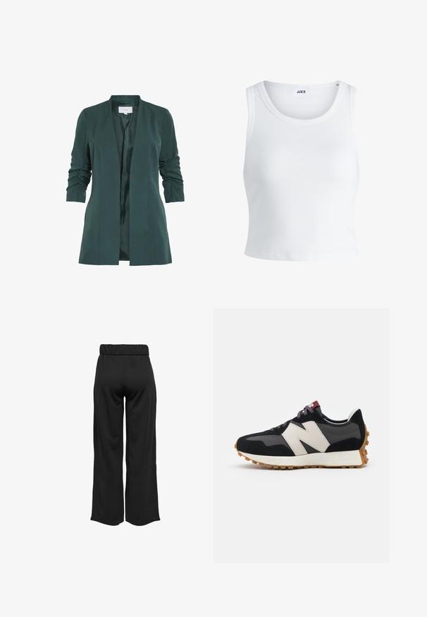 Zielona marynarka o dopasowanym kroju z gładką fakturą i marszczonymi rękawami do łokcia. Posiada otwarty przód i satynową podszewkę.; Biały prążkowany top na ramiączkach z okrągłym dekoltem, bez rękawów i skróconej długości. Metka z napisem "JJXX." Gładka faktura materiału.; Czarne, szerokie spodnie z elastycznym pasem, wykonane z gładkiego materiału. Charakteryzują się prostym wzornictwem, bez kieszeni i widocznych szwów.; Czarno-szare zamszowe sneakersy z dużym kremowym logo "N", purpurowymi sznurówkami i teksturowaną gumową podeszwą.