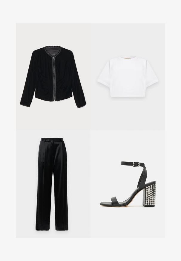 Juodas aksominis užtraukiamas švarkas su raukinėta apykakle, dviem priekinėmis kišenėmis ir ilgomis rankovėmis. Lygi tekstūra su prigludusia forma.; Trumpas baltas marškinėliai iš minkštos medžiagos, su trumpomis rankovėmis, apvaliu iškirpimu ir raukšlėtais hemų detalėmis. Paprastas ir be puošmenų dizainas.; Juodos satino kelnės su aukštu liemeniu, tiesiais plačiais kojais, diržo kilpomis ir plokščiu uždarymu prieš baltą fono.; Juodos odinės aukštakulnės šlepetės su kulkšnies dirželiu. Yra kvadratinis pirštas, lygus paviršius ir kvadratinis bloko kulnas, papuoštas sidabriniais nagais.