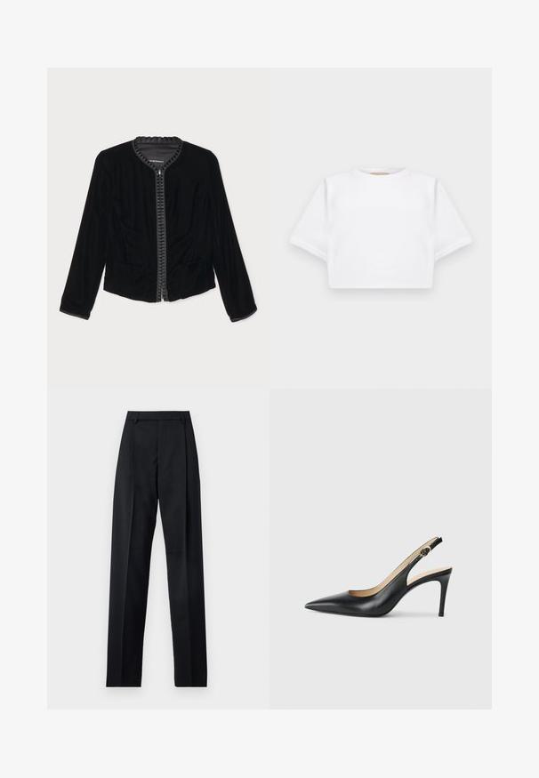 Fekete bársony cipzáras dzseki fodros nyakkivágással, két elülső zsebbel és hosszú ujjal. Sima textúrájú, testhezálló fazonú.; Rövid ujjú, puha anyagból készült, vágott fehér póló, kör alakú nyakkivágással és bordázott alsó résszel. Egyszerű és díszítetlen kialakítás.; Fekete nadrág sima anyagból, magas derékkal, széles lábakkal, elülső redőkkel és klasszikus övhurkokkal. Oldalzsebek nem láthatók.; Fekete bőrből készült, hegyes orrú, állítható pánttal rendelkező magassarkú szandál, elegáns tűsarokkal, sima felülettel.
