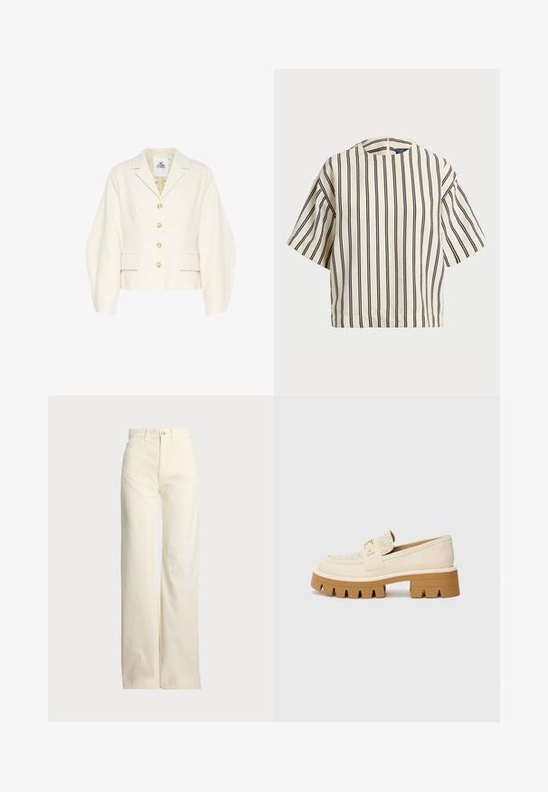 Kremowa, krótka kurtka z usztywnionym kołnierzem, długimi rękawami i dużymi guzikami. Posiada kieszenie z przodu oraz strukturalny materiał.; Krótki rękaw, paskowana bluzka w kolorze kremowym i granatowym, z okrągłym dekoltem i pudełkowym krojem, wykonana z fakturowanej tkaniny.; Polo Ralph Lauren - Spodnie materiałowe; Beżowe loafersy z teksturowanym kremowym paskiem, posiadające masywną brązową podeszwę z ząbkowanym wzorem. Złoty akcent przy detalach klamry.