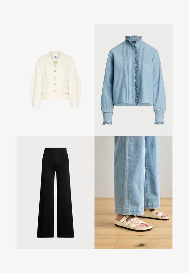 Cream-colored cropped jacket with a structured collar, long sleeves, and large buttons. Features front pockets and a textured fabric.; Light blue button-up shirt made of soft cotton. Features lace trim at the collar and cuffs, with vertical pleats down the front.; Black wide-leg pants made of woven fabric, featuring a high waist, front button closure, and side pockets. Smooth texture with clean lines.; Light cream sandals with three adjustable straps, gold buckles, and a textured black sole, paired with light blue denim wide-leg trousers.