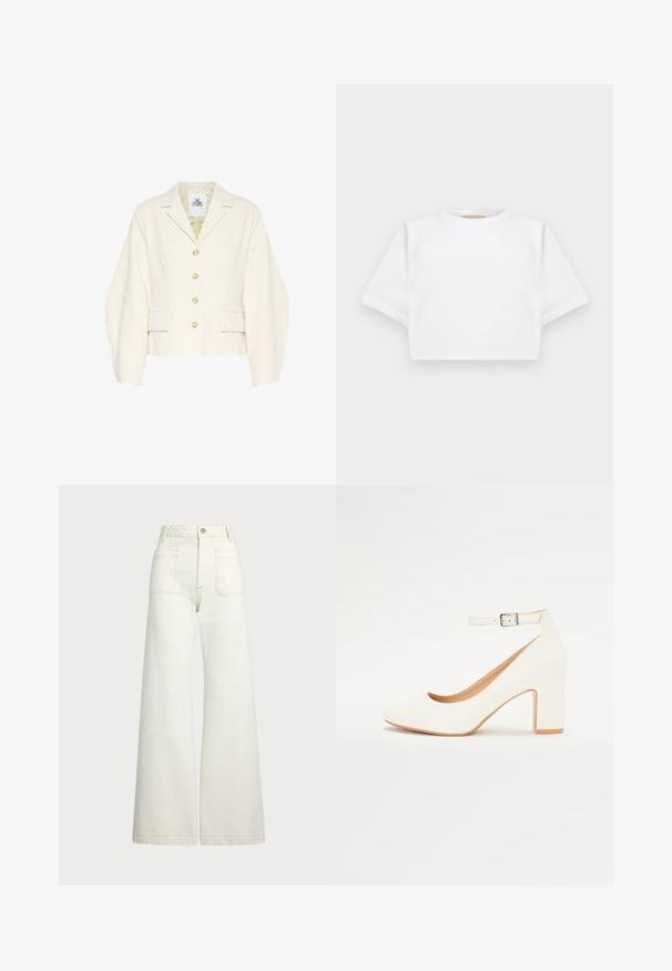 Cremfarbener, kurzes Jackett mit strukturiertem Kragen, langen Ärmeln und großen Knöpfen. Mit Fronttaschen und einem strukturierten Stoff.; Beschnittenes weißes T-Shirt aus weichem Stoff, mit kurzen Ärmeln, rundem Halsausschnitt und gerippten Saumdetails. Einfaches und schnörkelloses Design.; Weite Jeans aus off-white Denim. Hoch tailliertes Design mit Knopfverschluss, zwei Fronttaschen und kontrastierenden Stickdetails.; Weißer High-Heel-Schuh mit spitzem Zehenbereich, Blockabsatz und Knöchelriemen. Glatte Oberfläche mit dezentem Glanz und beigem Innenfutter.