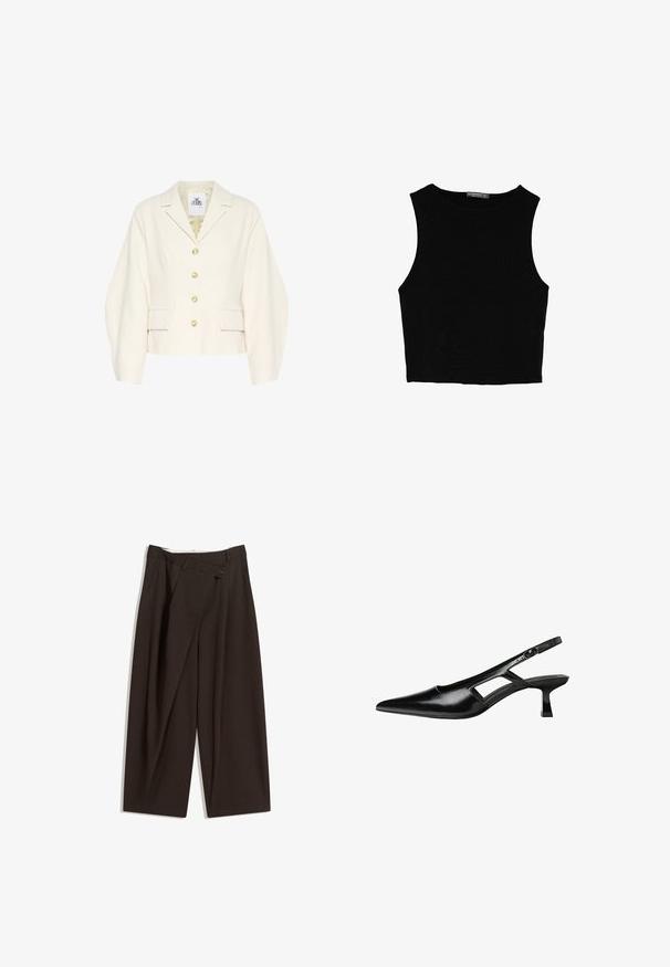 Cremfarbener, kurzes Jackett mit strukturiertem Kragen, langen Ärmeln und großen Knöpfen. Mit Fronttaschen und einem strukturierten Stoff.; Schwarzes ärmelloses Crop-Top aus glattem Stoff, mit rundem Ausschnitt und einem klaren, schlichten Design ohne Muster oder Beschläge.; Dunkelbraune, weite Hosen mit hohem Bund, die über einen einzigen Knopfverschluss und eine gefaltete Vorderseite verfügen. Hergestellt aus leichtem Stoff.; Schwarze Lackleder-Slingback-High Heels mit spitzer Zehenform, ausgeschnittenem Seitendesign und kleinem Blockabsatz. Glatte Textur mit minimalen Akzenten.
