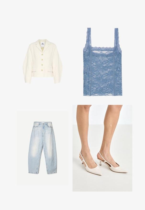Veste courte de couleur crème avec un col structuré, des manches longues et de gros boutons. Dispose de poches avant et d'un tissu texturé.; Débardeur en dentelle bleu clair avec des bretelles fines, présentant une bordure en dentelle à volants et un motif floral, conçu pour une silhouette ajustée.; Jean en denim bleu clair à coupe décontractée, avec une finition délavée, deux poches avant et une fermeture par bouton au niveau de la taille.; Escarpins à talon slingback en cuir verni beige avec un bout pointu et un talon de 5 cm, présentant des côtés découpés et une fine bride à la cheville.