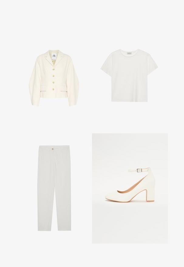 Roomkleurige cropped jas met een gestructureerde kraag, lange mouwen en grote knopen. Heeft untukzakken en een gestructureerde stof.; Witte T-shirt met korte mouwen, gemaakt van zachte katoen. Heeft een ronde halslijn en een relaxte pasvorm. Schoon ontwerp zonder zichtbare patronen of accenten.; Witte, op maat gemaakte broek met een rechte pijpdesign, featuring een knoopsluiting, riemlussen en zijzakken; gladde stoftextuur.; Witte hoge hak schoen met een puntige neus, blokhak en enkelbandje. Glamoureuze afwerking met een subtiele glans en een beige binnenvoering.