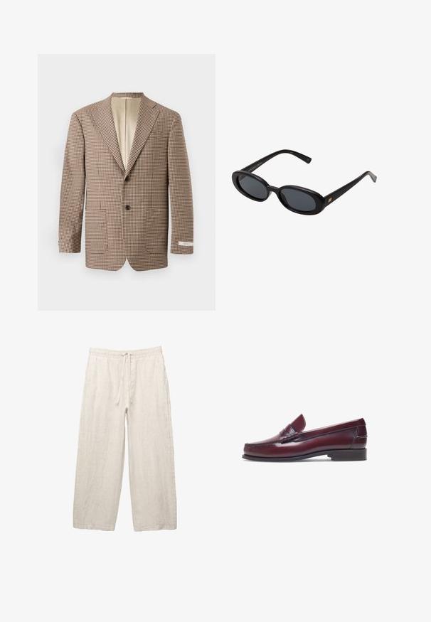 Blazer a scacchi marrone e crema, con revers a punta, due tasche frontali e chiusura a due bottoni, foderato in beige.; Camicia a righe in azzurro chiaro e bianco, modello con bottoni, maniche lunghe e taschino sul petto con logo ricamato. Tessuto in cotone.; Pantaloni in lino di colore beige chiaro, con una vita elastica e cordoncino, design a gamba larga e tasche laterali. Texture liscia.; Mocassino in pelle bordeaux con punta tonda, dettagli cuciti e un piccolo accentu decorativo sulla tomaia. Suola piatta in contrasto.; Occhiali da sole neri oversize con lenti ovali, montatura in plastica liscia e accenti dorati sulle tempie. Le lenti scure offrono protezione dal sole.