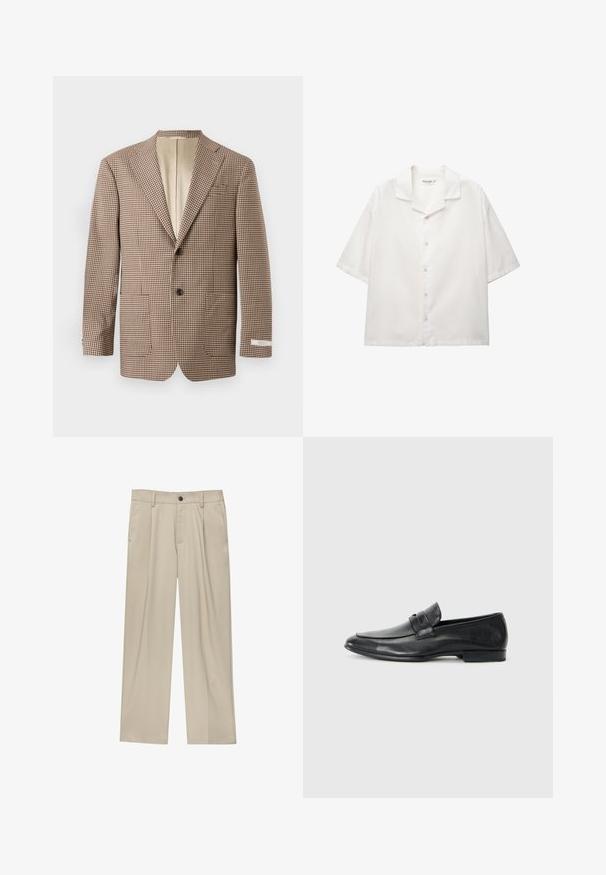 Hnedo-krémový károvaný blejzer, s klopami, dvoma prednými vreckami a uzatváraním na dva gombíky, s béžovou podšívkou.; Košeľa s krátkym rukávom a otvoreným golierom z bielej bavlny. Má zapínanie na gombíky s štandardnými gombíkmi a voľný strih.; Béžové nohavice s rovný strihom, s jedným čiernym gombíkom, pútkami na opasok a bočnými vreckami. Hladká textúra látky a minimálny dizajn.; Čierne kožené loafers s okrúhlou špičkou, prešívaním, širokým pásikom cez priehlavok a nízkym plochým podpätkom. Hladký povrch.