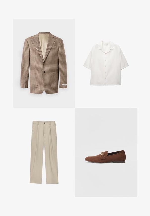 Brun och krämrandig kavaj med slagkrage, två framfickor och tvåknapplåsning, med en beige foder.; Kortärmad skjorta med öppen krage i vitt bomull. Har en knapprad fram med standardknappar och en avslappnad passform.; Beiga byxor med rak passform, utrustade med en enda svart knapp, bältesöglor och sidofickor. Slät tygkänsla och minimalistisk design.; Bruna mockasiner i mocka med detaljer i guldton, mandelformad tå och låg klack. Har sömnadsdetaljer på ovansidan.