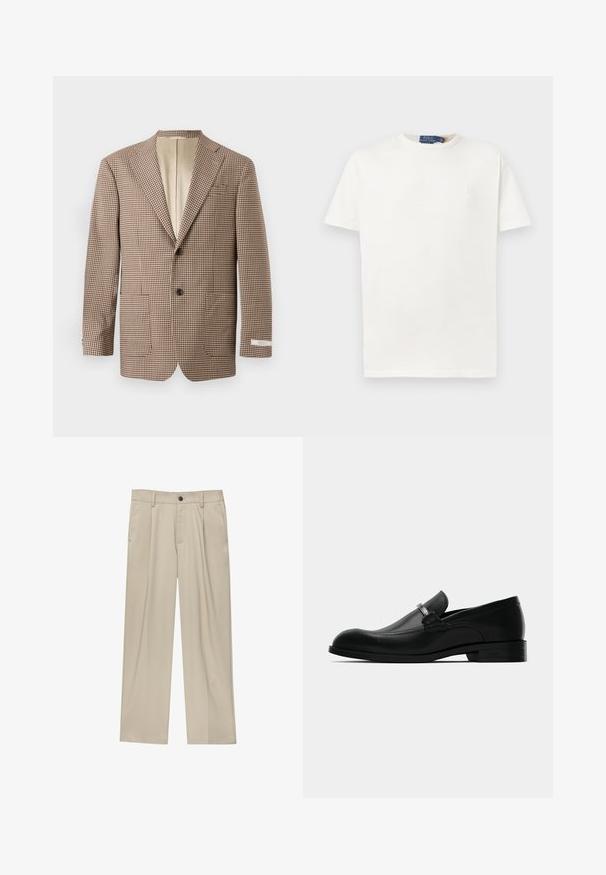 Brązowa i kremowa marynarka w kratę, z klapami, dwoma przednimi kieszeniami oraz zapięciem na dwa guziki, z beżową podszewką.; Prosty, biały T-shirt z krótkim rękawem, z okrągłym dekoltem, z delikatnie haftowanym logo na lewej piersi oraz metką z logo przy dekolcie.; Beżowe spodnie o prostym kroju, z pojedynczym czarnym guzikiem, szlufkami na pasek oraz bocznymi kieszeniami. Gładka faktura materiału i minimalistyczny design.; Czarne męskie loafersy ze skóry z metalowym zapięciem, niskim obcasem i markową podeszwą, pokazane z boku na białym tle.