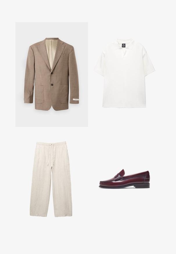 Brown and cream checkered blazer, featuring notched lapels, two front pockets, and a two-button closure, with a beige lining.; White short-sleeve polo shirt made of smooth fabric with a classic collar, featuring a half-button placket and relaxed fit.; Linen trousers in light beige, featuring an elastic waistband with a drawstring, wide-leg design, and side pockets. Smooth texture.; Burgundy leather loafer with a rounded toe, stitched detailing, and a small decorative accent on the vamp. Flat, contrasting sole.