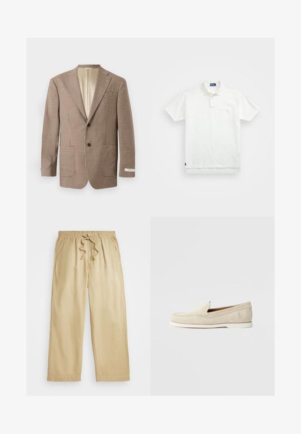 Rudas ir grietinėlės spalvų languotas švarkas su iškirptėmis, dviem priekinėmis kišenėmis ir dviejų mygtukų užsegimu, su šviesiai smėlio spalvos pamušalu.; Balta polo marškiniai pagaminti iš medvilnės, su klasikiniais kraštais, trijų mygtukų sprandeliu ir kairiuoju krūtinės kišeniu; mažas logotipas apačioje.; Bežinės raištelio kelnės su elastinga juosmena, plačiais kojomis, dviem šoniniais kišenėmis ir siuvinėjimu kraštuose. Minkšta, lengva medžiaga.; Polo Ralph Lauren MERTON VENETIAN LOAFER - Mokasinai - milkshake