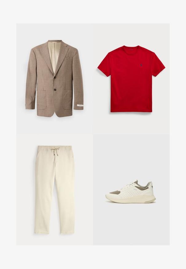 Blazer a scacchi marrone e crema, con revers a punta, due tasche frontali e chiusura a due bottoni, foderato in beige.; T-shirt in cotone rosso con collo a giro, maniche corte e un piccolo logo ricamato blu sul lato sinistro del petto. Tessuto piatto e liscio.; Pantaloni casual off-white con vita elastica e cordino, gambe dritte e tasche laterali su uno sfondo neutro.; Sneaker atletica bianca e beige chiaro, con tomaia in mesh, dettagli perforati e una suola intermedia texturizzata con marchio sul tallone.