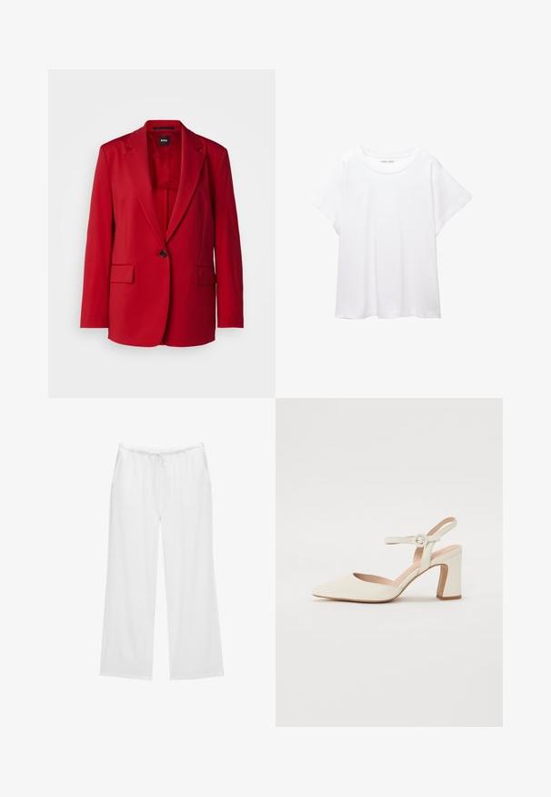 Červený blejzer s klopovým golierom, s jedným gombíkom, dvoma prednými vreckami a hladkým povrchom. Interiér má zhodné podšívku.; Biele tričko vyrobené z mäkkého, ľahkého materiálu. Má okrúhly výstrih a krátke, široké rukávy s uvoľneným strihom. Bez viditeľných vzorov.; Biele nohavice s širokými nohavicami vyrobené z mäkkého materiálu, s elastickým pásom na šnúrku a dvomi bočnými vreckami. Jednoduchý a čistý dizajn.; Členkové lodičky v krémovej farbe s podpätkom v tvare bloku. Majú tenký remienok okolo členka s okrúhlou prackou a hladkú koženú textúru.