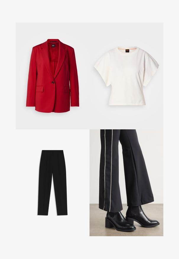 Punainen pikkutakki, jossa on tikkukiinnitys, yksinkertainen nappikiinnitys, kaksi etutaskua ja sileä kangaspinta. Sisäpuolella on yhteensopiva vuori.; Valkoinen lyhythihainen t-paita, leveät lyhyet hihat, pehmeää puuvillamateriaalia, pyöreä pääntie jossa hienovarainen oranssi reunus, minimaalinen muotoilu, ei kuvioita tai graafisia elementtejä.; Mustat housut suoran istuvuuden kanssa, joissa on kaksinkertaiset laskokset, sileä pinta ja klassinen vyötärönauhan muotoilu. Ei näkyviä metalliosia tai koristeita.; Mustat nahkasaappaat nilkkapituisilla, lohkareella, joissa on joustavat sivupaneelit. Yhdistetty mustiin housuihin, joissa on valkoinen sivuraita.