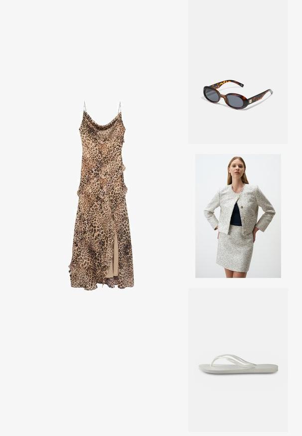 Witte en marineblauwe tweedjas met rafelranden, ronde halslijn en twee gouden knopen. Gepaard met een bijpassende tweed rok.; Leopardprint jurk met een gedrapeerd ontwerp, voorzien van ruches langs de randen en een hoge split tot aan de bovenbeen. Gemaakt van lichte stof met spaghettibandjes.; Witte flip-flops met een gestructureerde zool, featuring dunne bandjes en een vlak ontwerp. Gemaakt van rubber met een subtiel logo op de voetbed.; Bruine schildpad zonnebril met ovale lenzen en een donkergrijze tint. Bevat een goudkleurige accent op de slapen. Glad plastic oppervlak.
