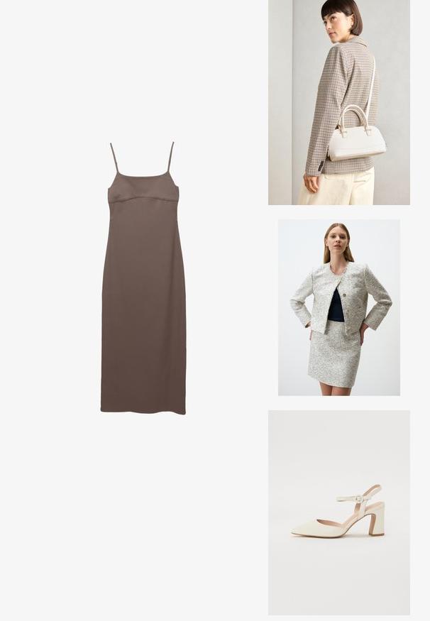Witte en marineblauwe tweedjas met rafelranden, ronde halslijn en twee gouden knopen. Gepaard met een bijpassende tweed rok.; Bruine midi-jurk met dunne spaghettibandjes, een getailleerde top en een rechte silhouet, gemaakt van zachte, gladde stof.; Puntige crèmekleurige pump met een blokhak. Voorzien van een dunne enkelband met een ronde gesp en een soepele leren textuur.; Witte gestructureerde handtas met korte handvatten en een schouderband, voorzien van gouden hardwareaccenten en een textuurmateriaal, tentoongesteld tegen een grijze achtergrond.