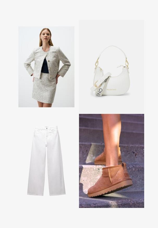 White and navy tweed jacket with frayed edges, round neckline, and two gold buttons. Paired with a matching tweed skirt.; Cream cable-knit sweater with long sleeves, ribbed cuffs and hem, featuring a small embroidered logo on the left chest.; White wide-leg jeans made from denim. Features button closure, front and back pockets, and stitched seams. Smooth texture with minimal detailing.; Tan suede ankle boots with a soft texture, stitched detailing, and a rubber sole, featuring a looped heel for easy wear.; White handbag with a curved silhouette, textured leather, gold hardware, and a detachable strap featuring a logo and buckle detail.