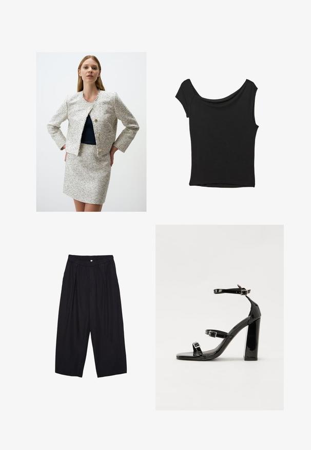 Witte en marineblauwe tweedjas met rafelranden, ronde halslijn en twee gouden knopen. Gepaard met een bijpassende tweed rok.; Zwart korte mouwen top gemaakt van een gladde stof; met een gedrapeerde halslijn en een asymmetrische zoom, met een getailleerd lijfje.; Zwarte polyester culottes met een elastische tailleband, twee voorkreukels en een losse pasvorm. Geen zichtbare patronen of hardware-details.; Zwarte gepatenteerde sandalen met hak en een vierkante neus, enkelbandjes en zilveren gespen. Heeft een stevige blokhak voor stabiliteit.