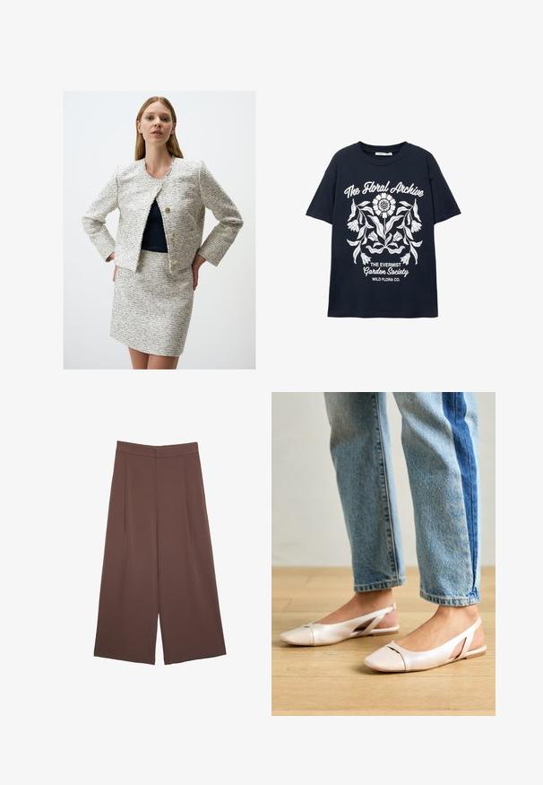 Giacca in tweed bianco e blu navy con bordi sfrangiati, scollo rotondo e due bottoni dorati. Abbinata a una gonna in tweed coordinata.; T-shirt blu marina a manica corta con grafica floreale bianca e testo che recita "L'Archivio Floreale", "La Società del Giardino Evermist" e "Wild Flora Co."; Pantaloni ampi marroni con una texture liscia, caratterizzati da una vita alta e pieghe frontali. Il tessuto è leggero e scorre liberamente.; Ballerine slingback rosa pallido con punta affusolata, realizzate in un materiale simile alla pelle liscio. Presentano dettagli a taglio sui lati e un tacco piatto.