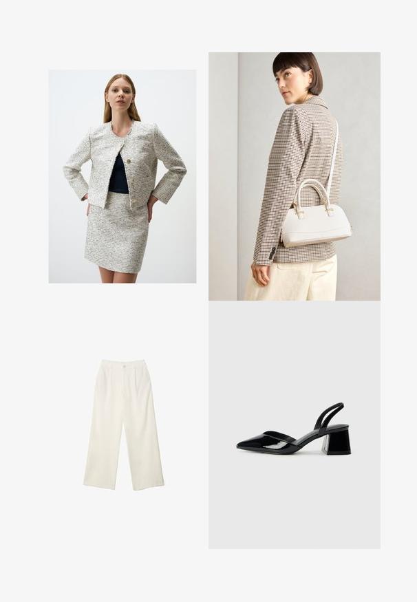 Veste en tweed blanc et marine avec des bords effilochés, un col rond et deux boutons dorés. Associée à une jupe en tweed assortie.; Haut gris clair à manches courtes avec un décolleté en V profond et une patte de boutonnage à quatre boutons, fabriqué en tissu doux avec une texture lisse.; Pantalons à jambes larges en tissu crème avec une texture lisse, dotés d'un seul bouton à l'avant, de plis subtils et d'un design taille haute.; Escarpins en cuir verni noir avec bout pointu et talon bloc géométrique. Présente un design élégant et minimaliste ainsi qu'une texture lisse.; Sac à main structuré blanc avec de courtes poignées et une bandoulière, doté de accents en métal doré et d'un matériau texturé, présenté sur un fond gris.