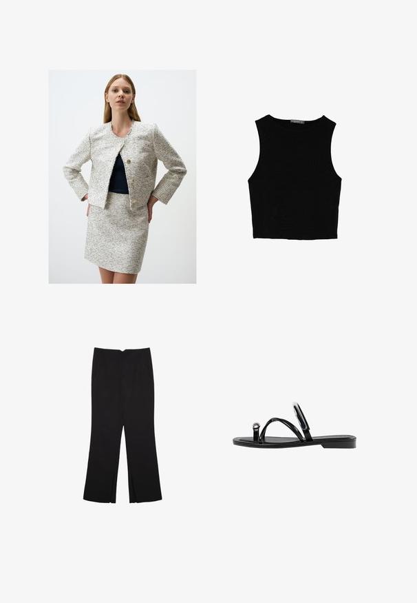 White and navy tweed jacket with frayed edges, round neckline, and two gold buttons. Paired with a matching tweed skirt.; Black sleeveless crop top made of smooth fabric, featuring a round neck and a clean, simple design without patterns or hardware.; Black trousers with a straight fit, featuring front pockets and side slits at the hem. Made of soft, smooth fabric. Suitable for various occasions.; Black flat sandals featuring a glossy finish, three thin straps, and a circular hardware detail at the toe. Sleek design with a minimal heel.