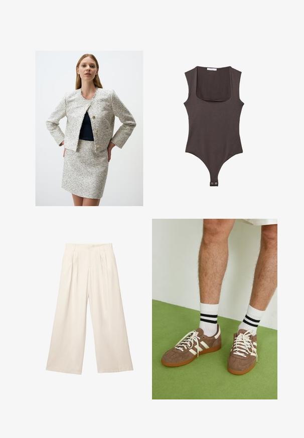 Veste en tweed blanc et marine avec des bords effilochés, un col rond et deux boutons dorés. Associée à une jupe en tweed assortie.; Bodysuit sans manches marron avec un col carré, fabriqué en tissu doux. Comprend une fermeture à pression en bas et une silhouette ajustée.; Pantalons à jambes larges de couleur beige clair en tissu doux et texturé. Présente des plis avant et une taille élastique pour un ajustement décontracté.; Baskets en daim marron avec des accents et des lacets blancs. Semelle en caoutchouc gomme. Portées avec des chaussettes blanches à rayures noires. Sol texturé vert.