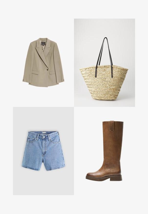 Beige blazer met één knoop en brede revers, twee voorste klepzakken en een borstzakje, met een patroon in de binnenvoering.; Crème-kleurige blouse met een V-hals, lange ballonmouwen en gelaagde ruches aan de onderrand, met een strikdetail in het midden van de rug.; Lichtblauwe denim shorts met een hoge taille, vijf zakken, zichtbare stiksels en een franjezoom. Voorzien van een knoop- en ritssluiting.; Bruine leren laars tot de knie met een ronde neus, gestructureerd oppervlak en een lage, gestapelde hak. Beschikt over een zijpaneel en een aantrektap aan de bovenkant.; Gevlochten stro tote bag met een brede, taps toelopende vorm, voorzien van twee zwarte leren handvaten. Natuurlijke beige kleur met een gestructureerd oppervlak.