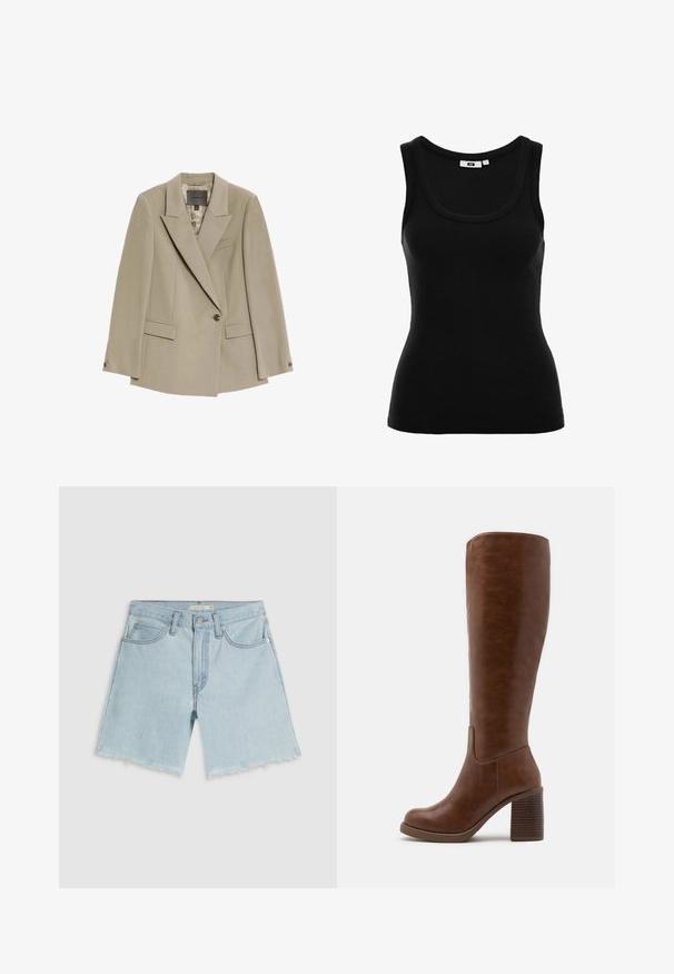Béžový jednopropínací blazer s širokými klopami, dvěma vpředu umístěnými kapsami s klopami a náprsní kapsou, který má vzorovanou podšívku.; Černý žebrovaný top bez rukávů s výstřihem ve tvaru lodi, těsně přiléhavého střihu. Obsahuje štítek s velikostí uvnitř.; Světle modré džínové šortky s třepivým okrajem, čtyřmi kapsami a zipem; mají jemné vyblednutí a stříbrné kovové doplňky.; Hnědé kozačky po kolena vyrobené z hladké umělé kůže, s kulatou špičkou, blokovým podpatkem s vertikálními drážkami a minimalistickým designem.